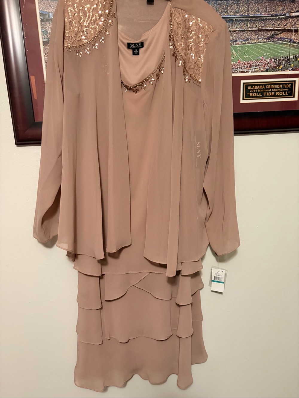 SLNY Beige Taupe Sequin-Embellished Layered Chiffon Dress